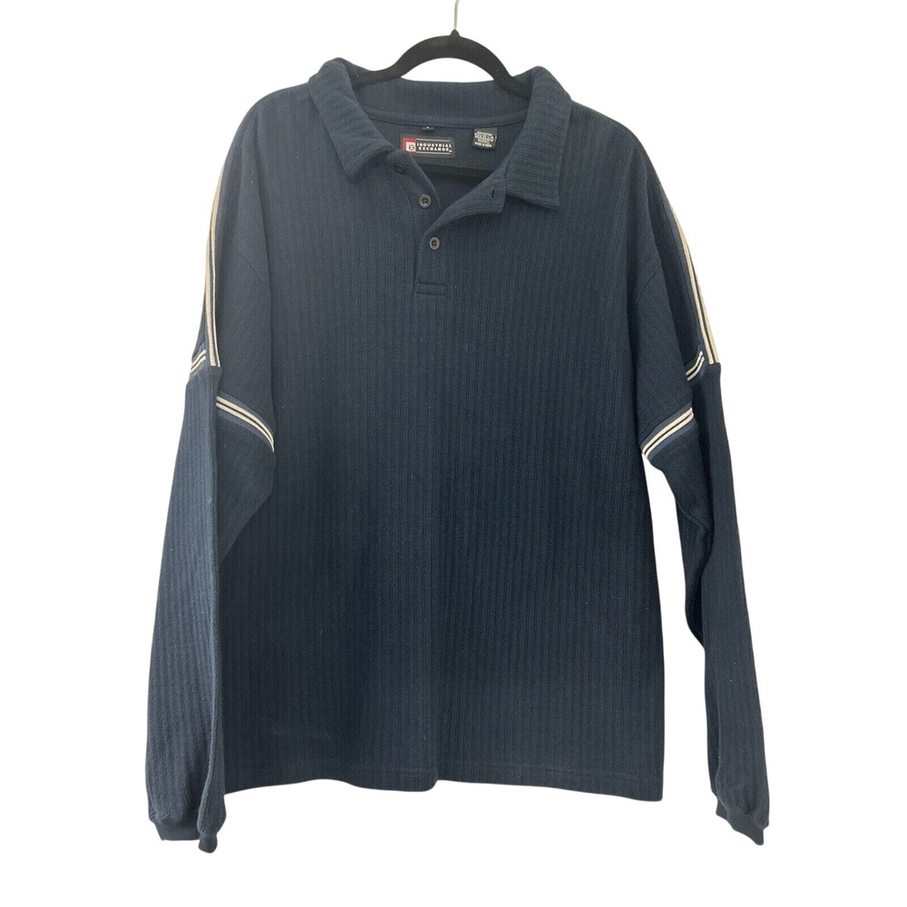 Industrial Exchange Mens Navy Blue‎ Ribbed Long Sleeve Polo Shirt Size L Cotton